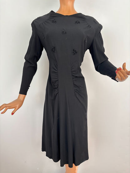 L | 1940s Black Crepe Dress With Appliqué Bodice