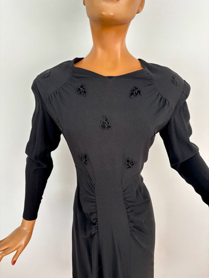 L | 1940s Black Crepe Dress With Appliqué Bodice