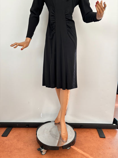 L | 1940s Black Crepe Dress With Appliqué Bodice
