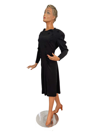 L | 1940s Black Crepe Dress With Appliqué Bodice