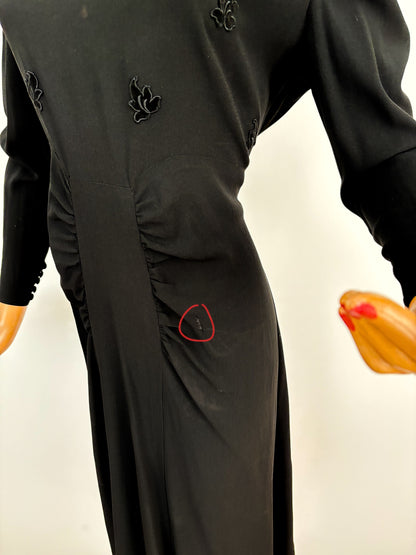 L | 1940s Black Crepe Dress With Appliqué Bodice