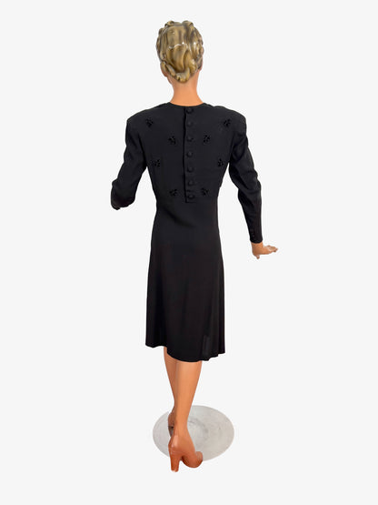 L | 1940s Black Crepe Dress With Appliqué Bodice