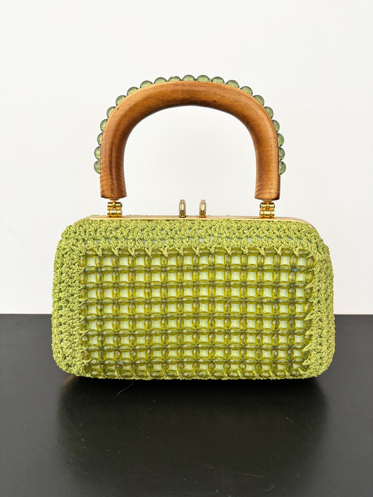 1950s 1960s Pistachio Green Beaded Crochet Box Bag