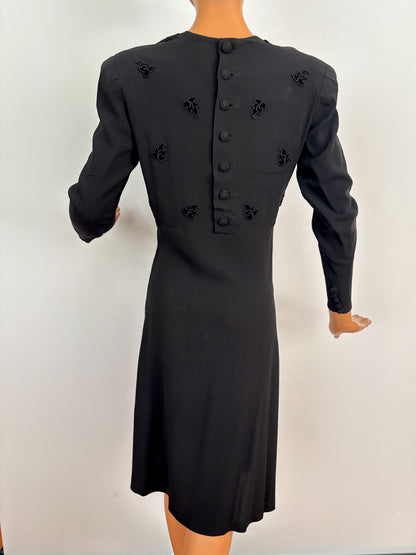 L | 1940s Black Crepe Dress With Appliqué Bodice