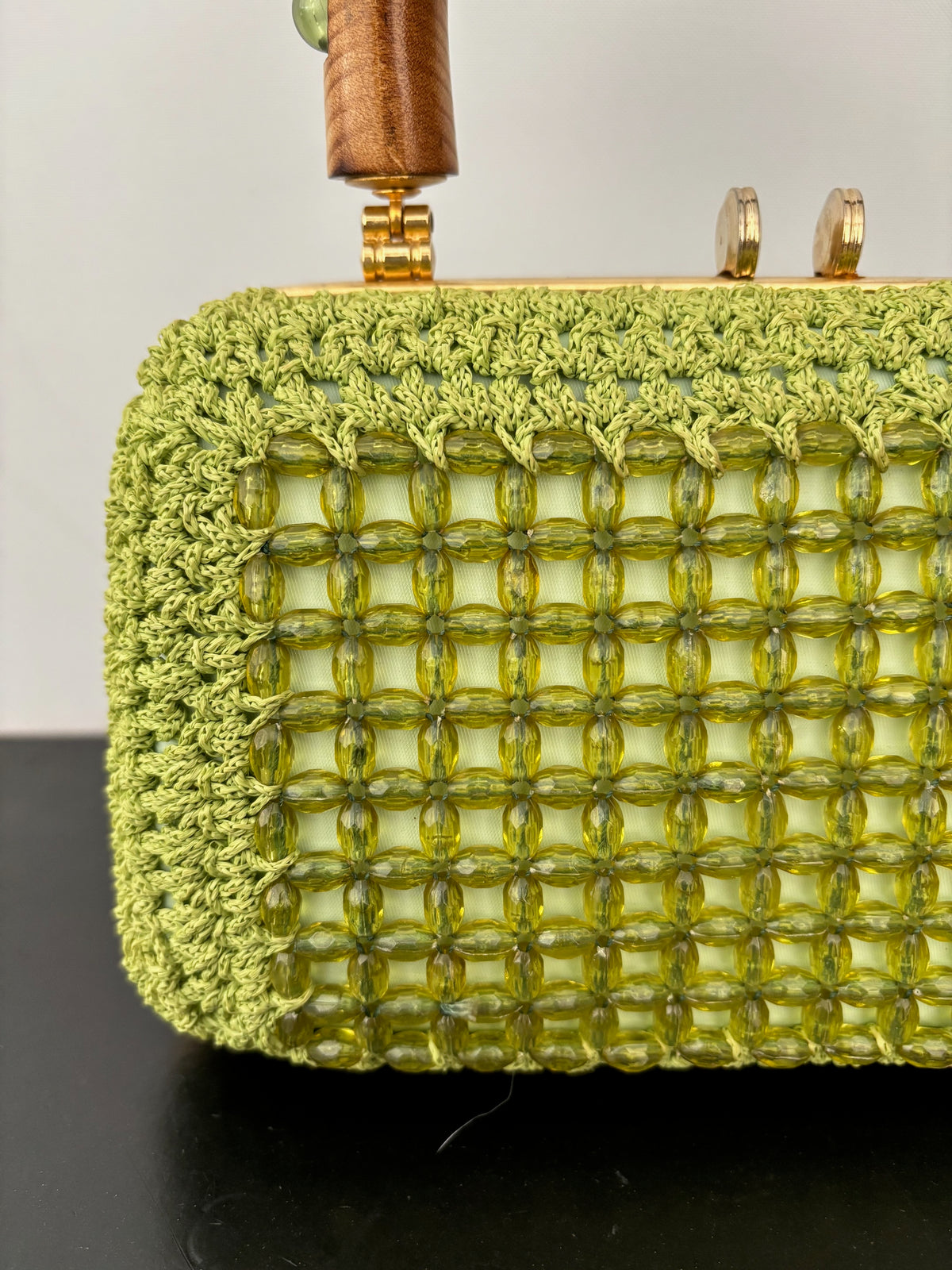 1950s 1960s Pistachio Green Beaded Crochet Box Bag