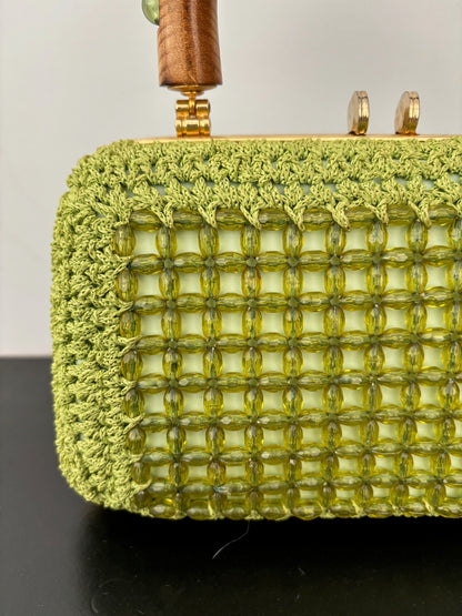 1950s 1960s Pistachio Green Beaded Crochet Box Bag