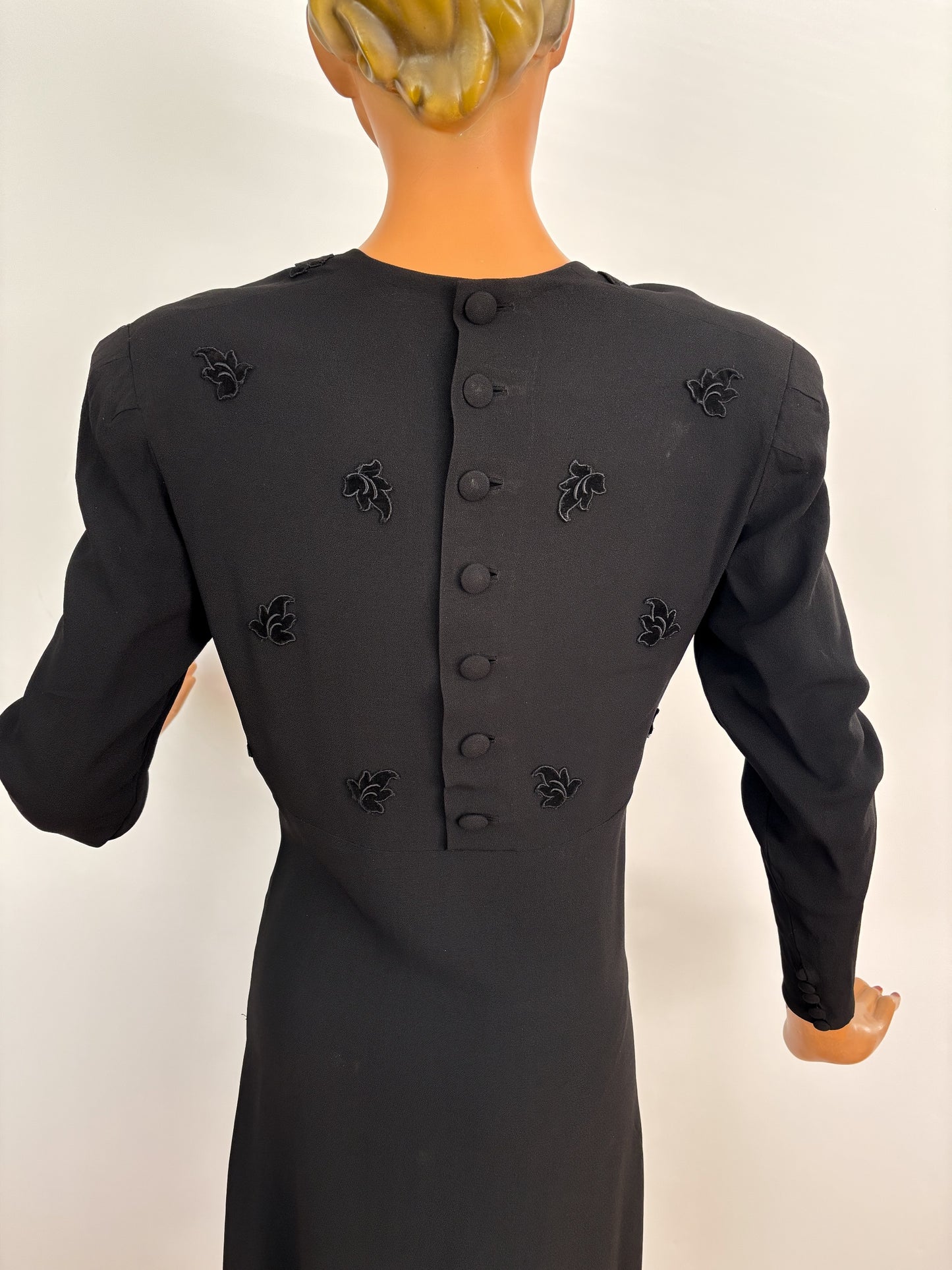L | 1940s Black Crepe Dress With Appliqué Bodice