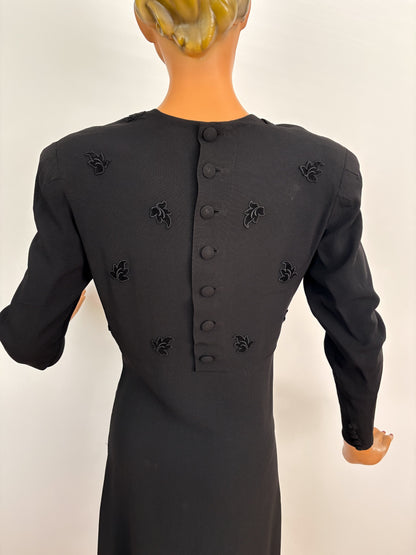 L | 1940s Black Crepe Dress With Appliqué Bodice