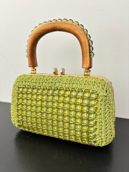 1950s 1960s Pistachio Green Beaded Crochet Box Bag