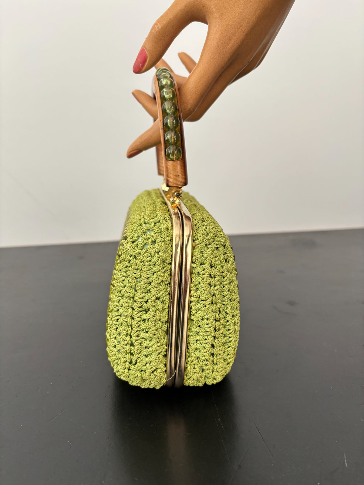 1950s 1960s Pistachio Green Beaded Crochet Box Bag