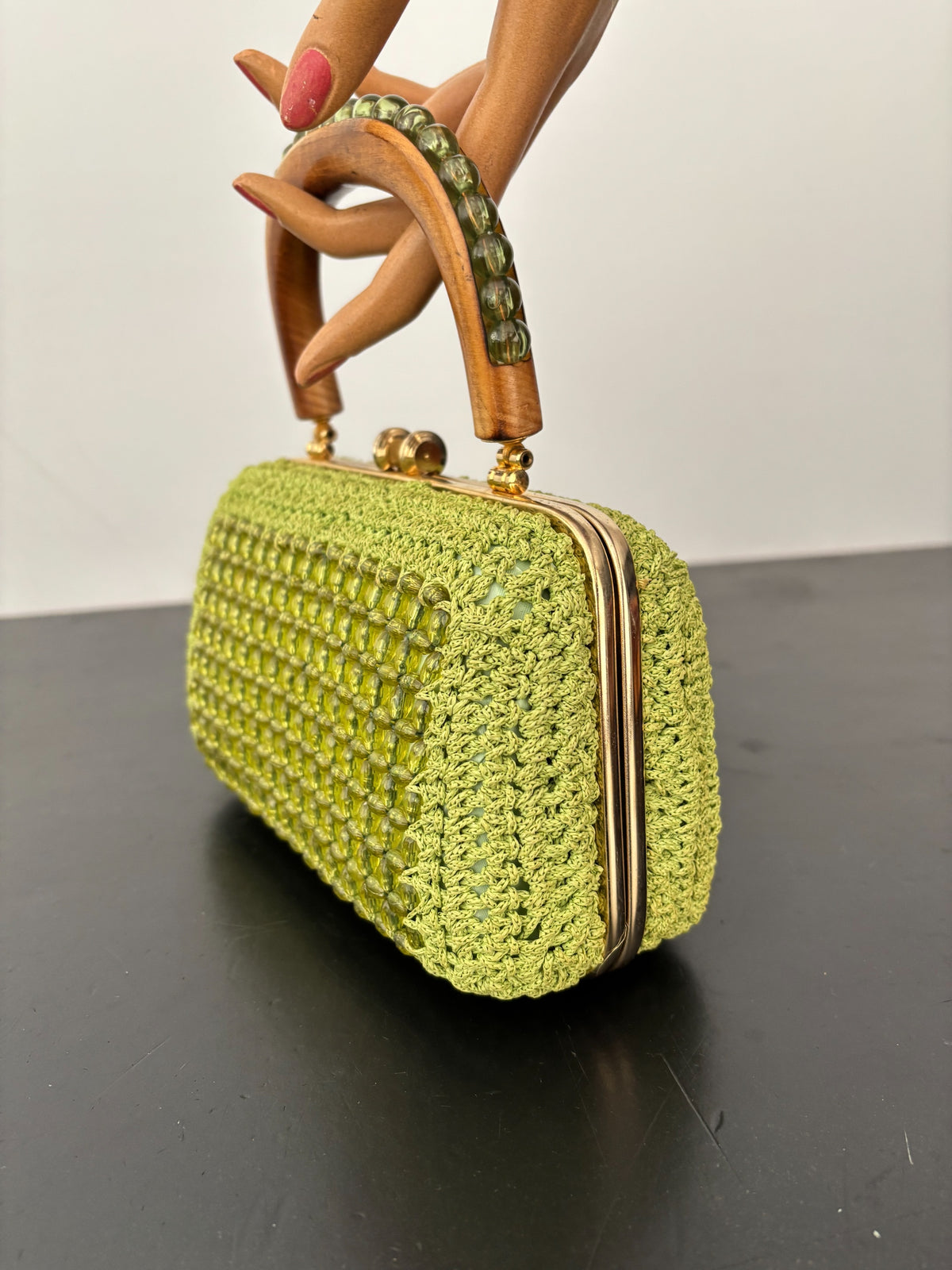 1950s 1960s Pistachio Green Beaded Crochet Box Bag