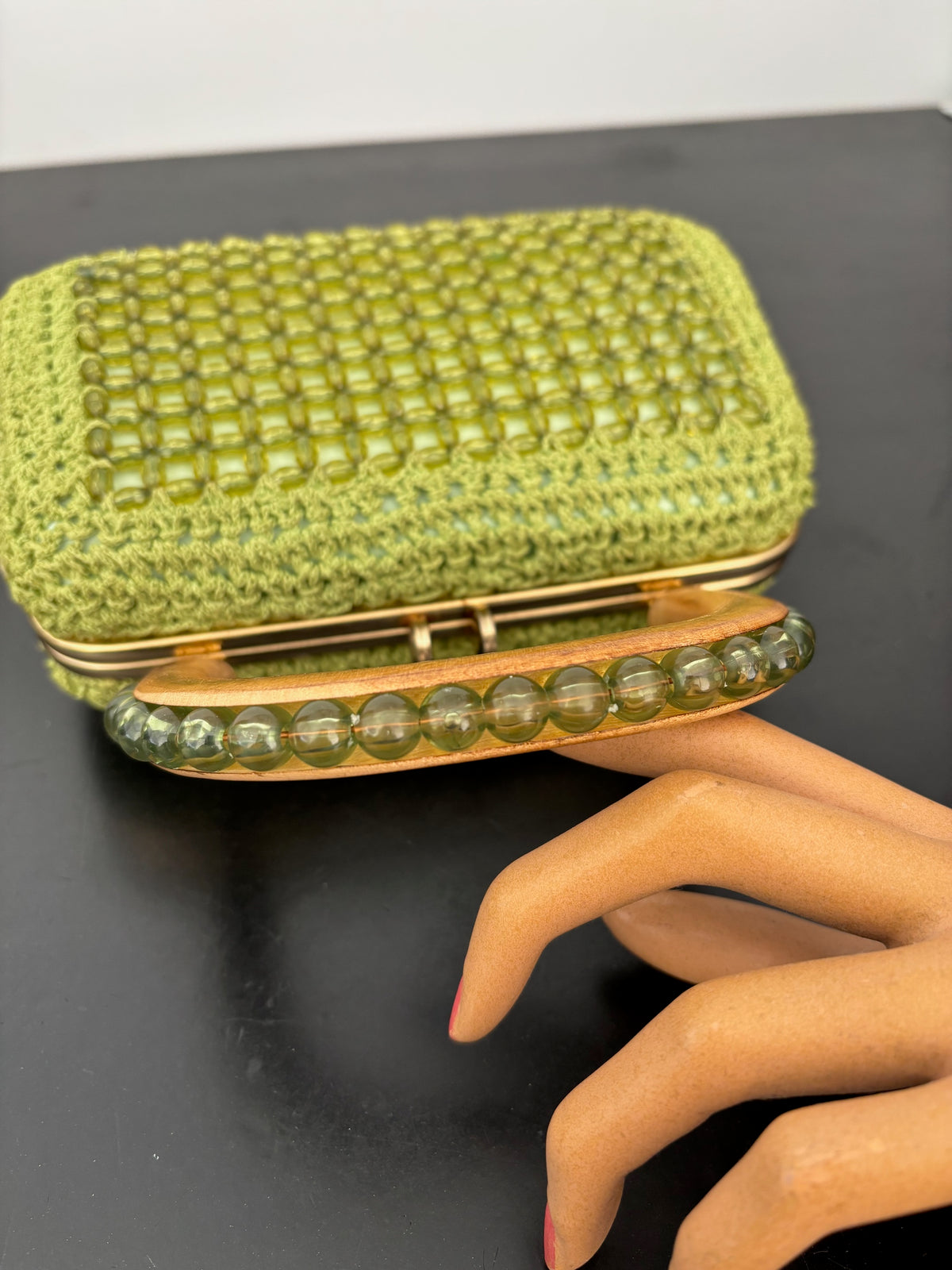 1950s 1960s Pistachio Green Beaded Crochet Box Bag