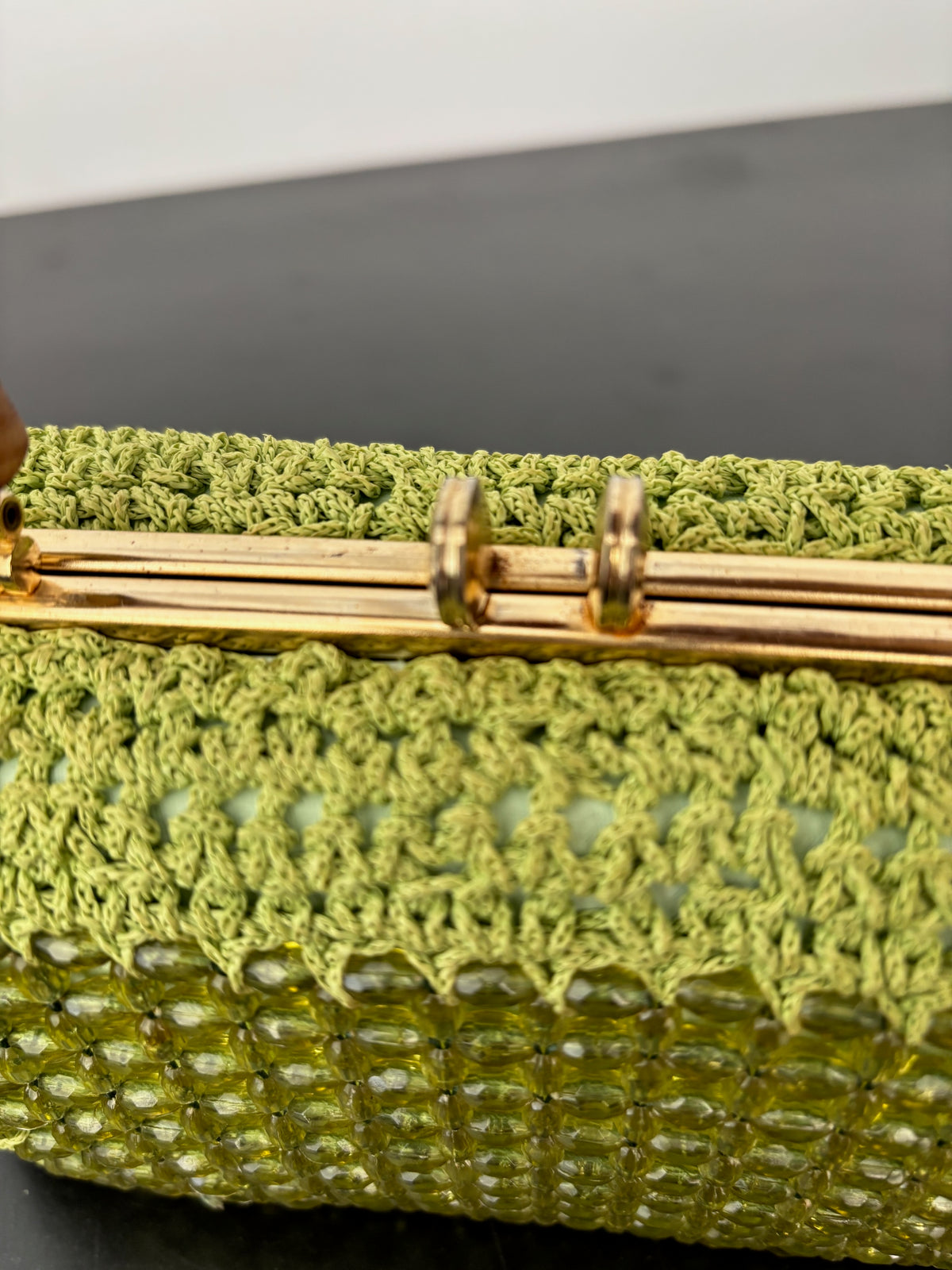 1950s 1960s Pistachio Green Beaded Crochet Box Bag
