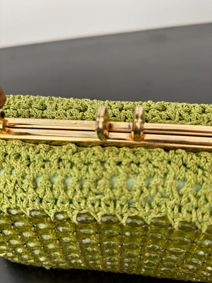 1950s 1960s Pistachio Green Beaded Crochet Box Bag