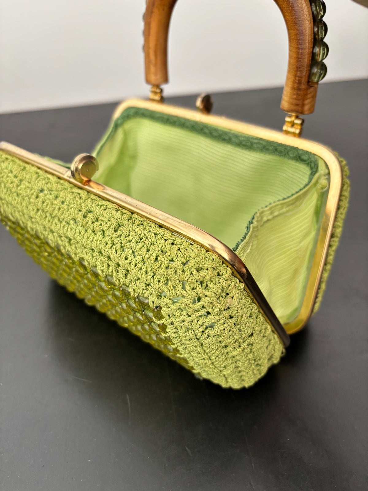 1950s 1960s Pistachio Green Beaded Crochet Box Bag