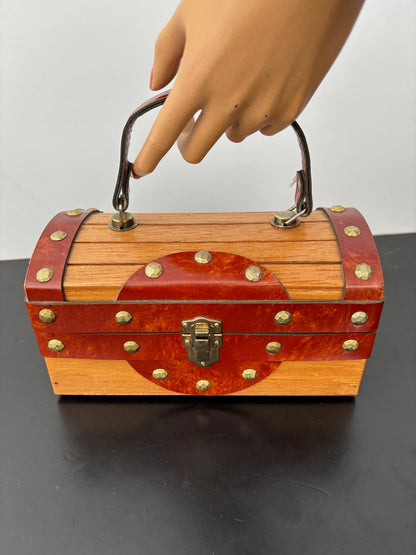 1960s Mr. R Wooden Treasure Chest Box Bag with Metal Studs