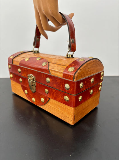 1960s Mr. R Wooden Treasure Chest Box Bag with Metal Studs
