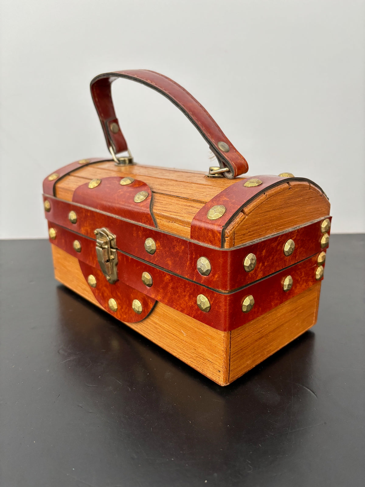 1960s Mr. R Wooden Treasure Chest Box Bag with Metal Studs