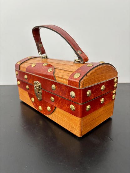 1960s Mr. R Wooden Treasure Chest Box Bag with Metal Studs