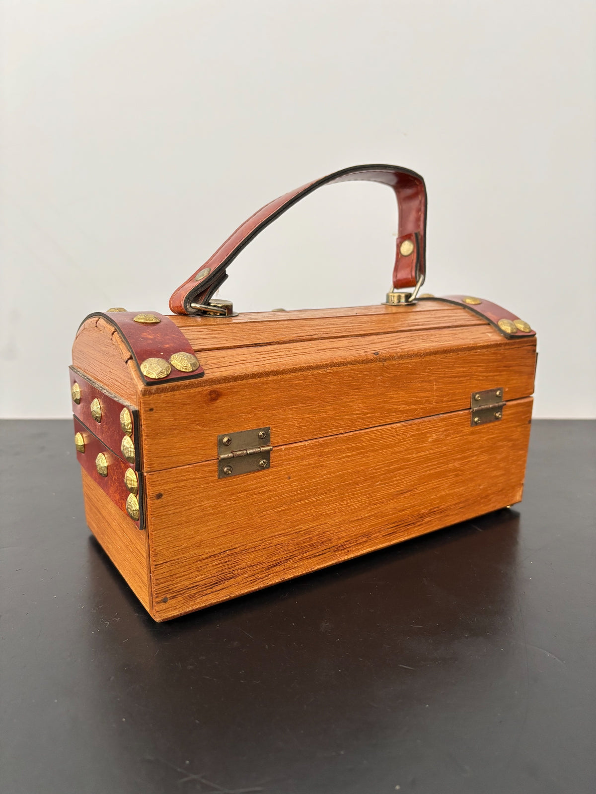 1960s Mr. R Wooden Treasure Chest Box Bag with Metal Studs