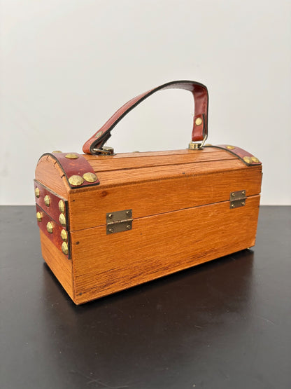 1960s Mr. R Wooden Treasure Chest Box Bag with Metal Studs