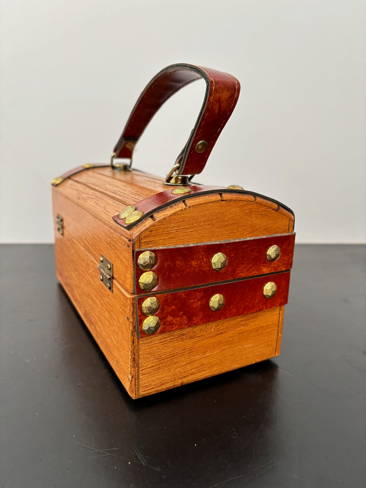 1960s Mr. R Wooden Treasure Chest Box Bag with Metal Studs