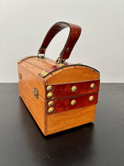 1960s Mr. R Wooden Treasure Chest Box Bag with Metal Studs