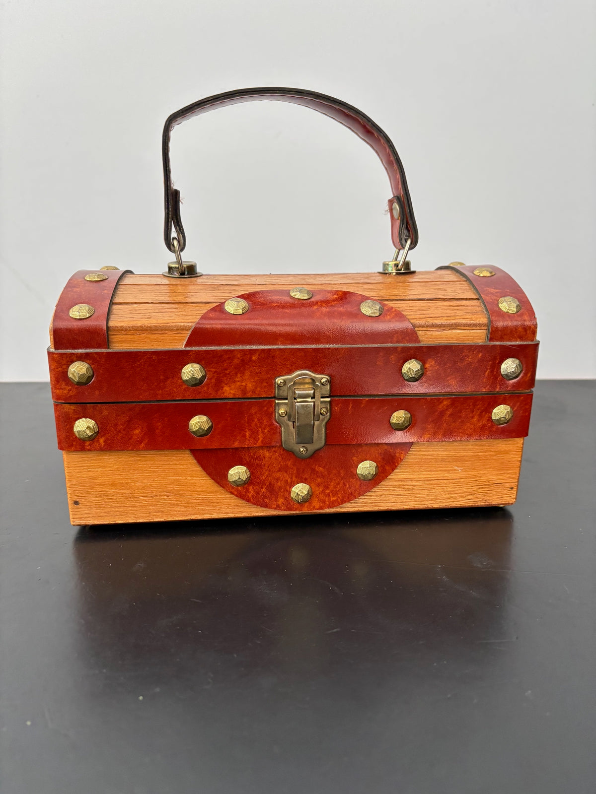 1960s Mr. R Wooden Treasure Chest Box Bag with Metal Studs