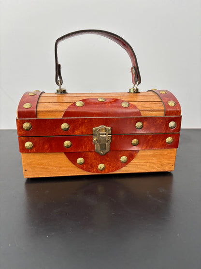 1960s Mr. R Wooden Treasure Chest Box Bag with Metal Studs