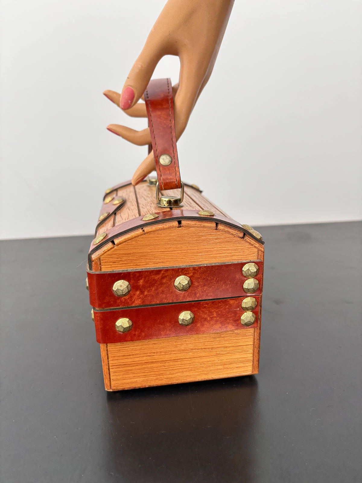 1960s Mr. R Wooden Treasure Chest Box Bag with Metal Studs