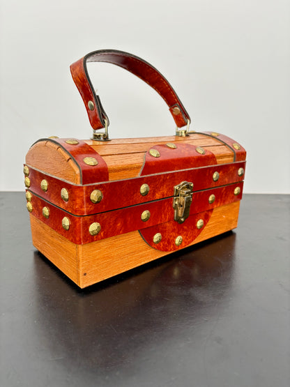1960s Mr. R Wooden Treasure Chest Box Bag with Metal Studs