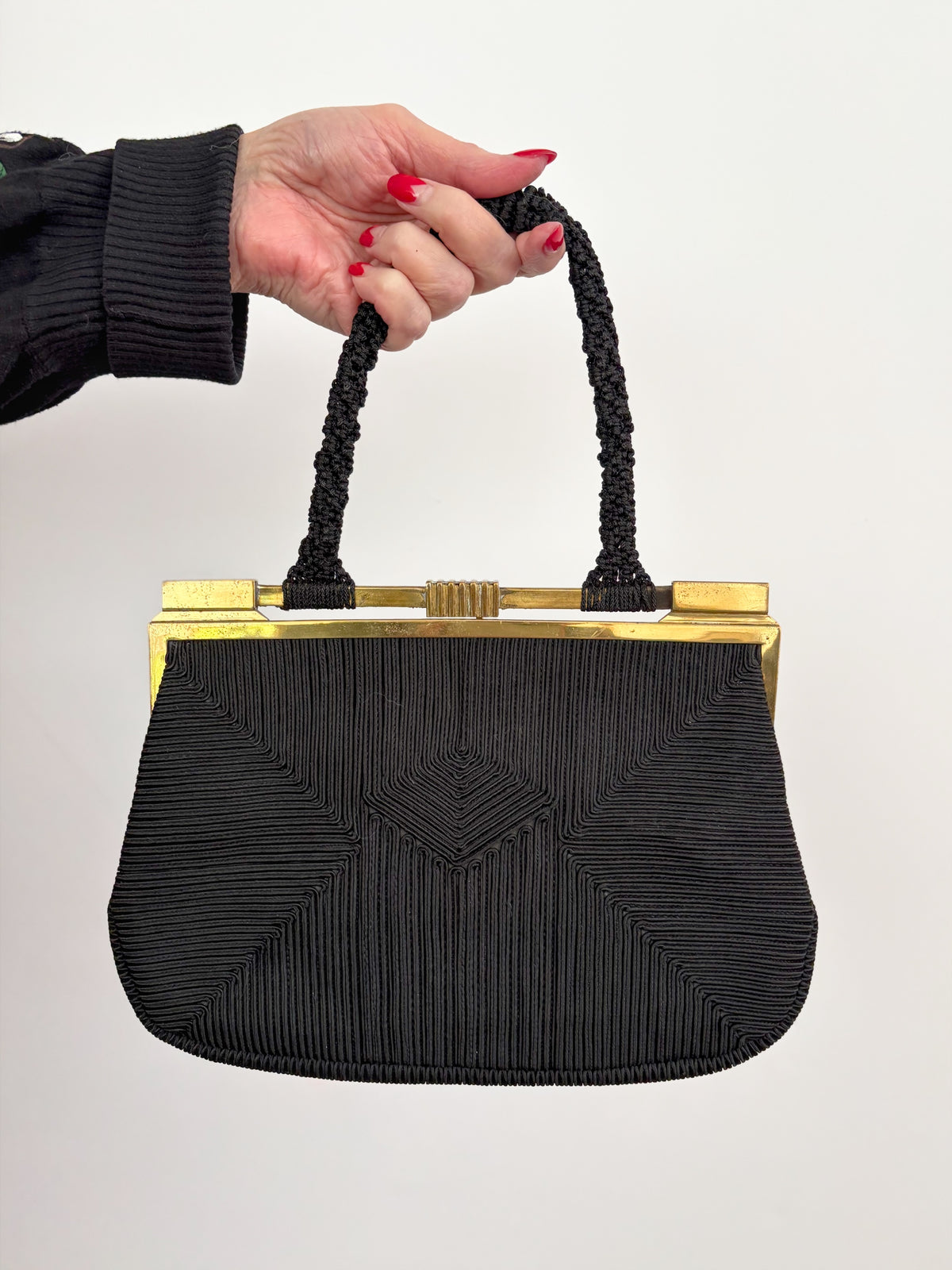 1940s Art Deco Black Cordé Handbag w. Brass-Tone Frame
