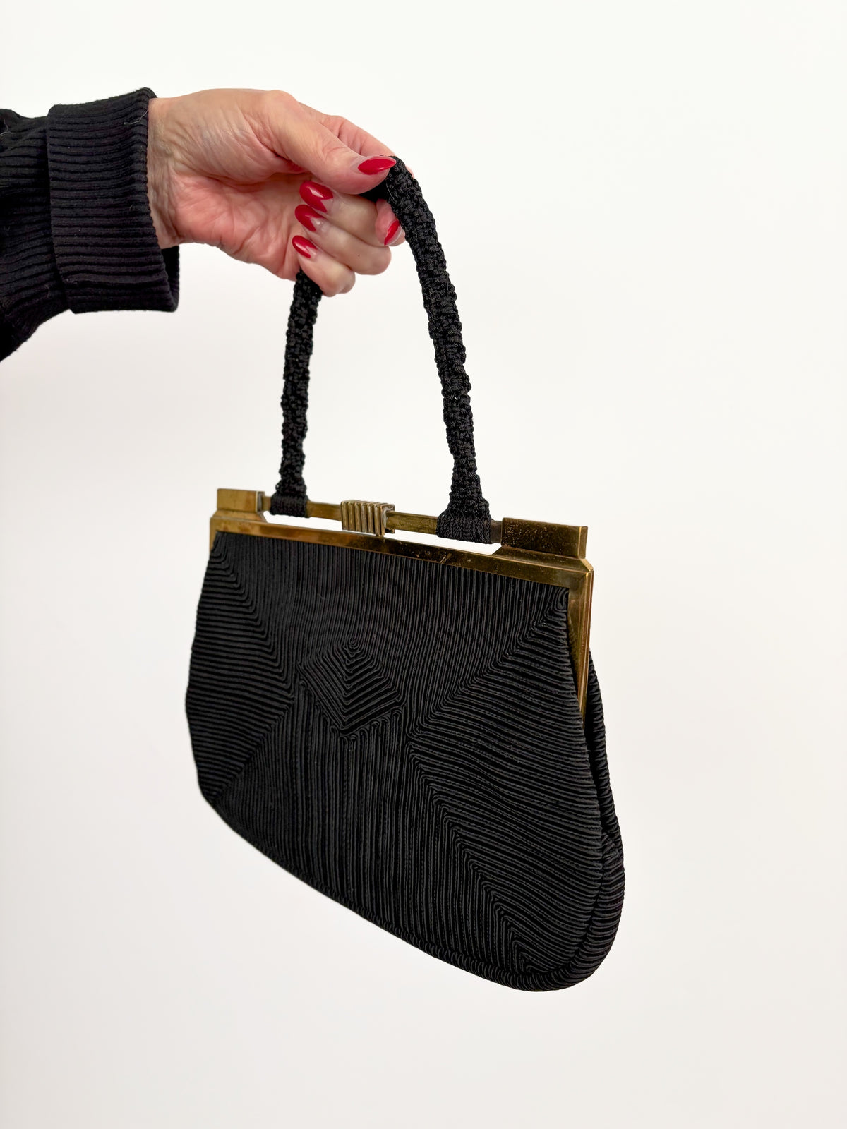 1940s Art Deco Black Cordé Handbag w. Brass-Tone Frame