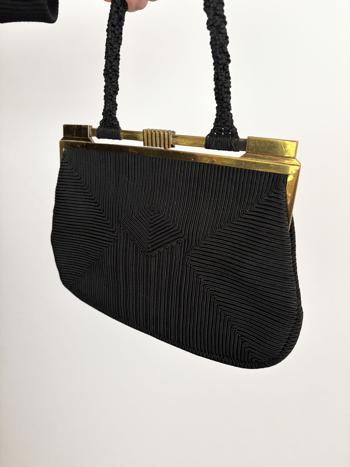 1940s Art Deco Black Cordé Handbag w. Brass-Tone Frame