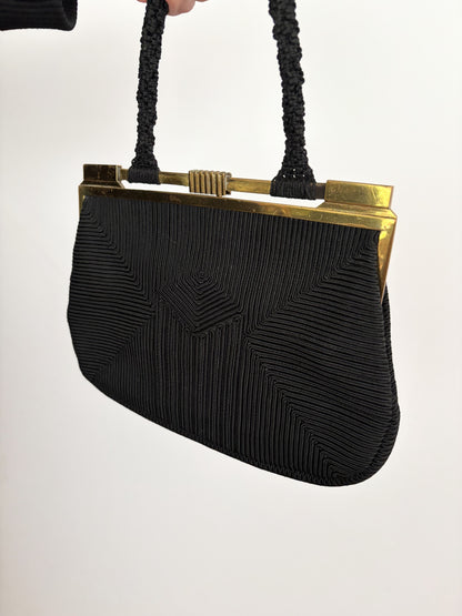 1940s Art Deco Black Cordé Handbag w. Brass-Tone Frame