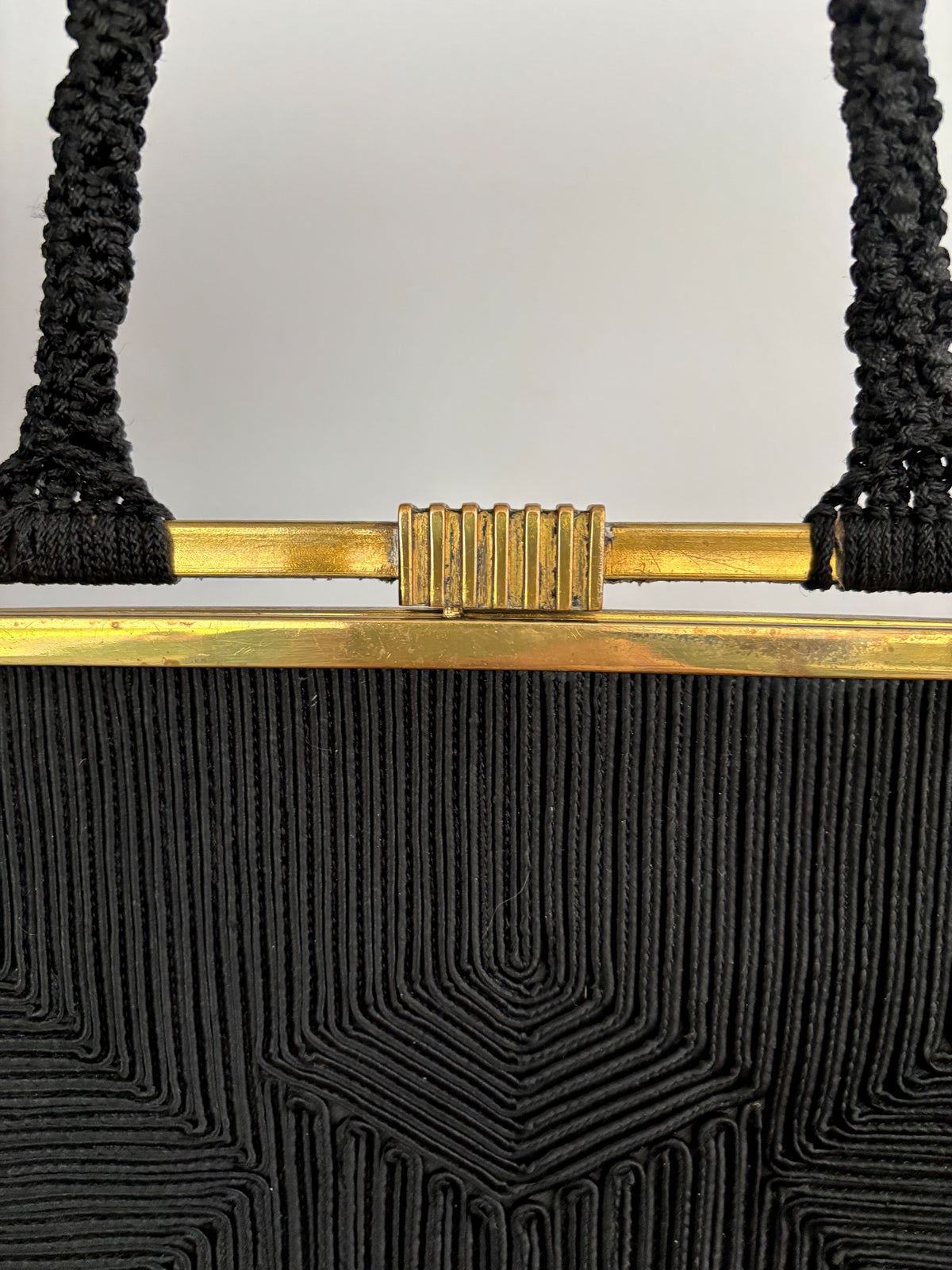 1940s Art Deco Black Cordé Handbag w. Brass-Tone Frame
