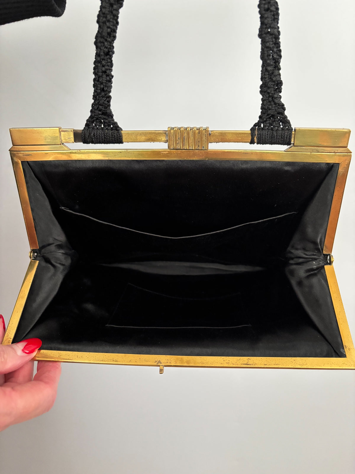 1940s Art Deco Black Cordé Handbag w. Brass-Tone Frame