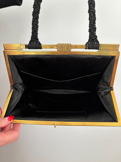 1940s Art Deco Black Cordé Handbag w. Brass-Tone Frame