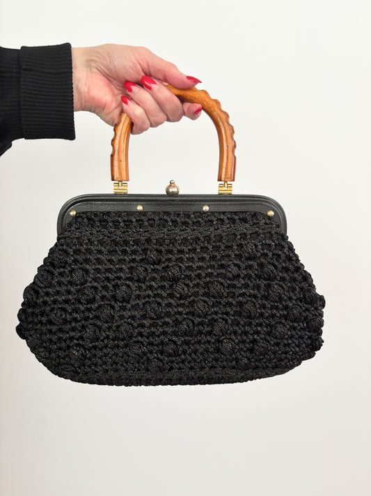 1960s Black Popcorn Crochet Handbag with Carved Wooden Handle