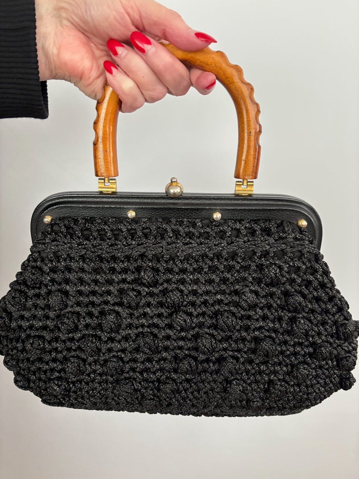 1960s Black Popcorn Crochet Handbag with Carved Wooden Handle