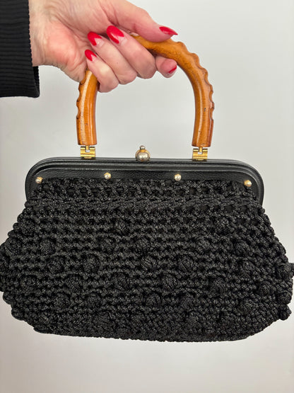 1960s Black Popcorn Crochet Handbag with Carved Wooden Handle