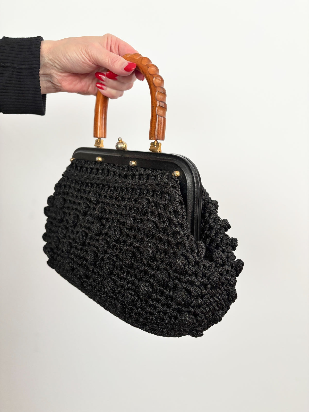 1960s Black Popcorn Crochet Handbag with Carved Wooden Handle