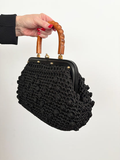 1960s Black Popcorn Crochet Handbag with Carved Wooden Handle