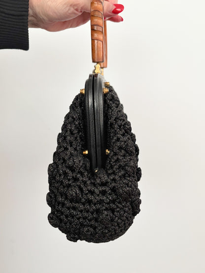 1960s Black Popcorn Crochet Handbag with Carved Wooden Handle