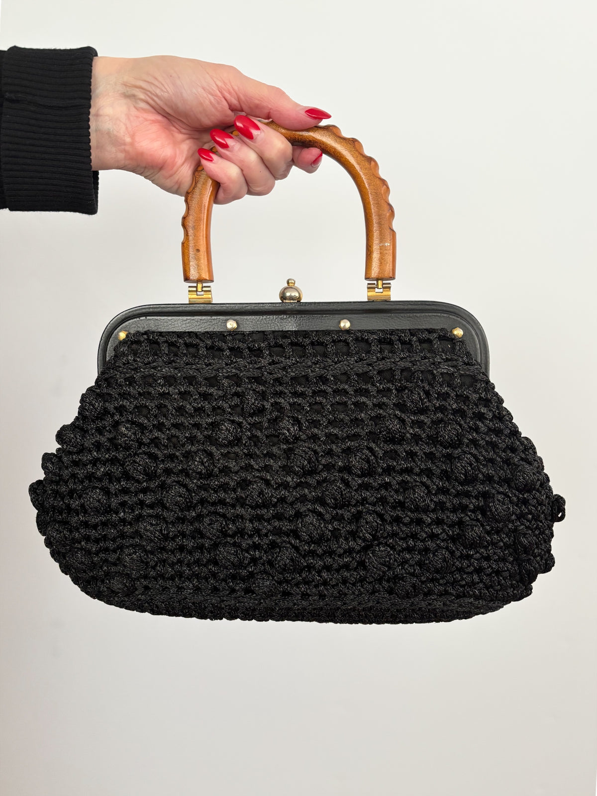 1960s Black Popcorn Crochet Handbag with Carved Wooden Handle