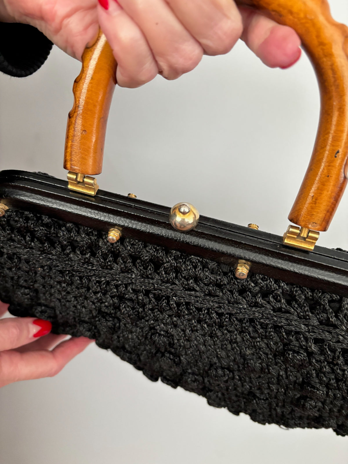 1960s Black Popcorn Crochet Handbag with Carved Wooden Handle
