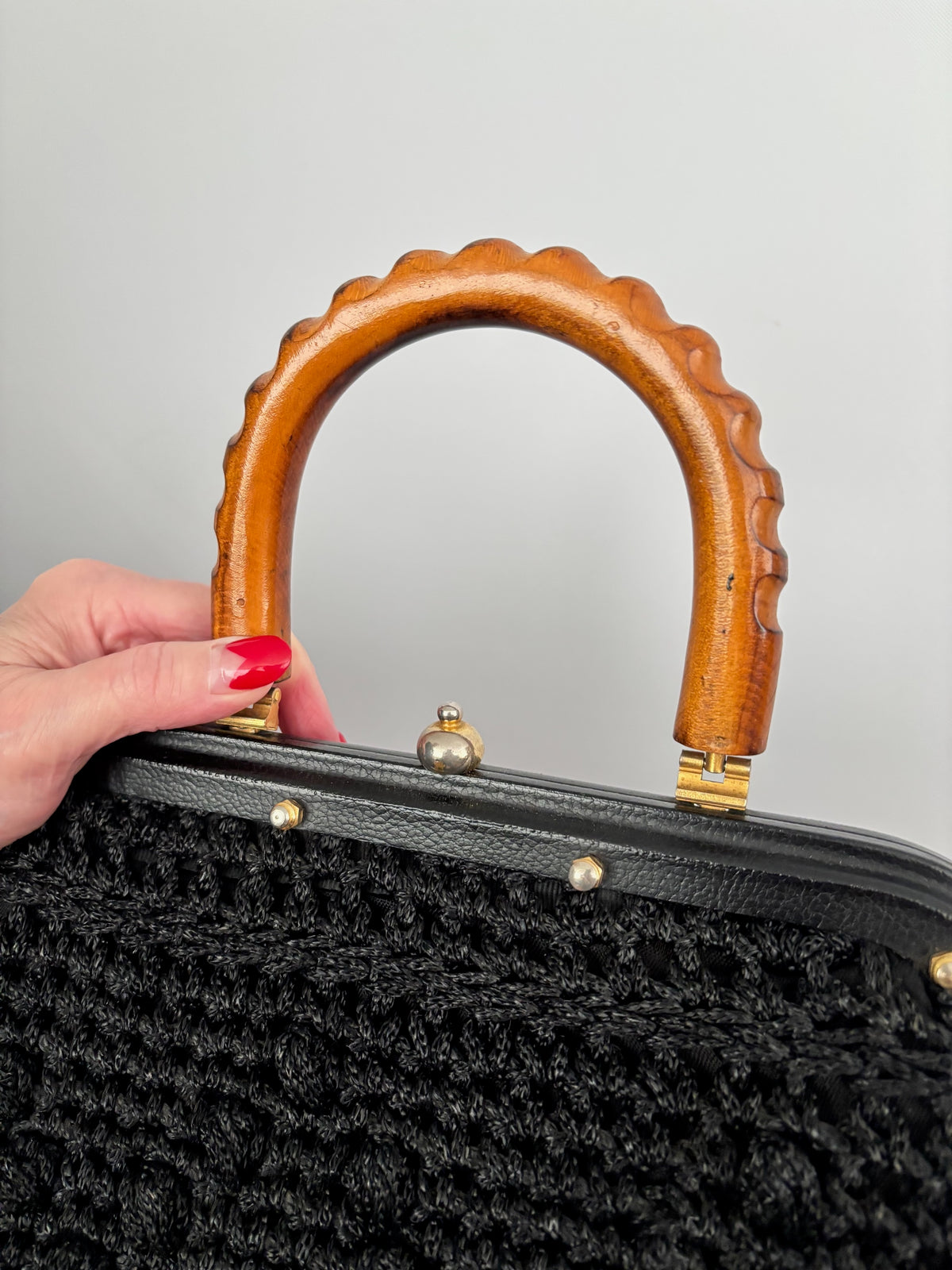 1960s Black Popcorn Crochet Handbag with Carved Wooden Handle