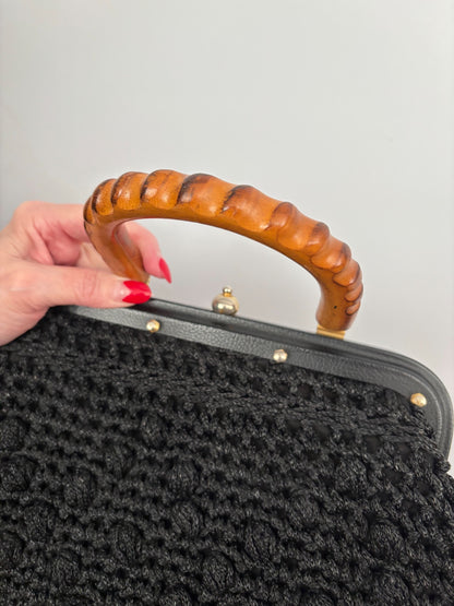 1960s Black Popcorn Crochet Handbag with Carved Wooden Handle