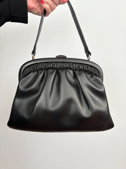 1960s Black Vinyl Handbag with Gathered Detail and Metal Frame