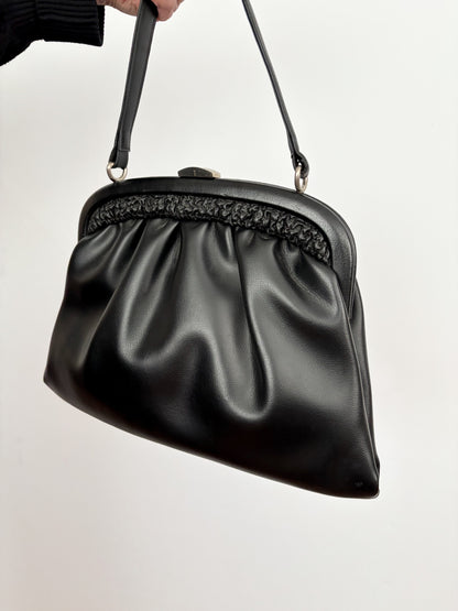 1960s Black Vinyl Handbag with Gathered Detail and Metal Frame
